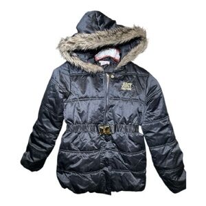 Juicy Couture Girls Belted Faux Fur Hooded Puffer Jacket Size 8/10